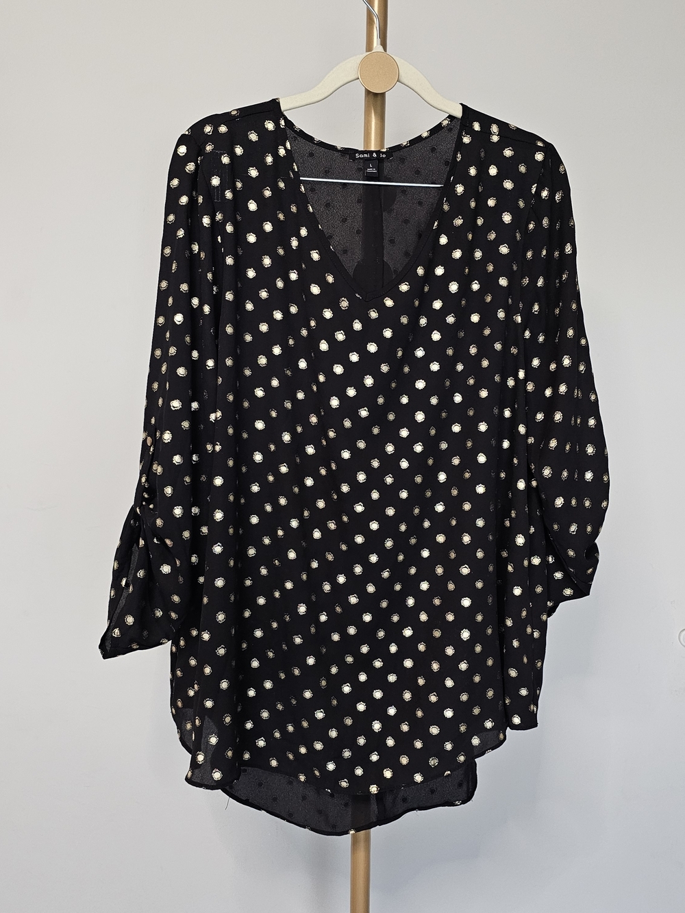 Sami & Jo Black V-Neck Blouse with Gold Dot Accents